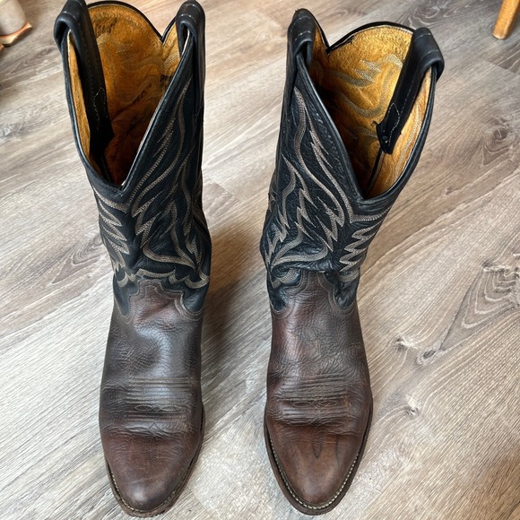 VTG Tony Lama Taurus Cowboy Boots Chocolate Two-Tone Leather #6171 Mens 8.5 D - Picture 8 of 13